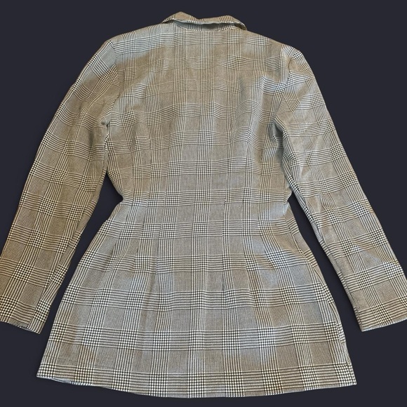 Y2K 90’s Black cream houndstooth plaid double breasted blazer wood look buttons - Picture 4 of 4
